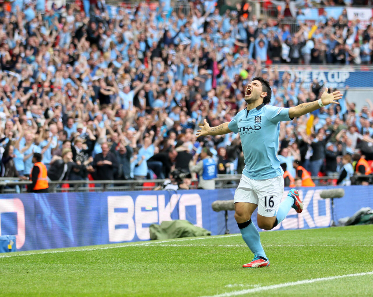 April 14, 2013 - London, United Kingdom - Manchester City's Sergio Aguero celebrates scoring his sides second goal..Chelsea v Manchester City - FA Cup Semi Final - Wembley Stadium, London- 14/04/13 - Picture David Klein/Sportimage (Cal Sport Media via AP Images)