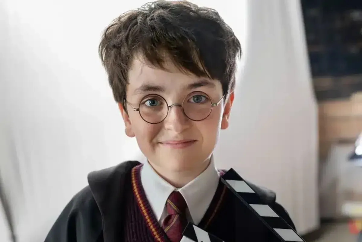 Dominic McLaughlin in costume as Harry Potter at the filming grounds.